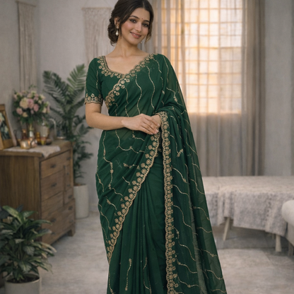 Star Georgette Saree with Multi Sequins Embroidery & Designer Blouse