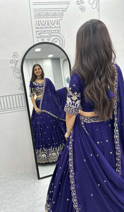 Festival Special Vichitra Silk Embroidered Lehenga Choli with Dupatta – Royal Blue & Rani Pink