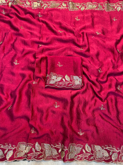 Soft Rangoli Crush Silk Saree with Heavy Sequence & Bits Embroidery | Party Wear Designer Saree