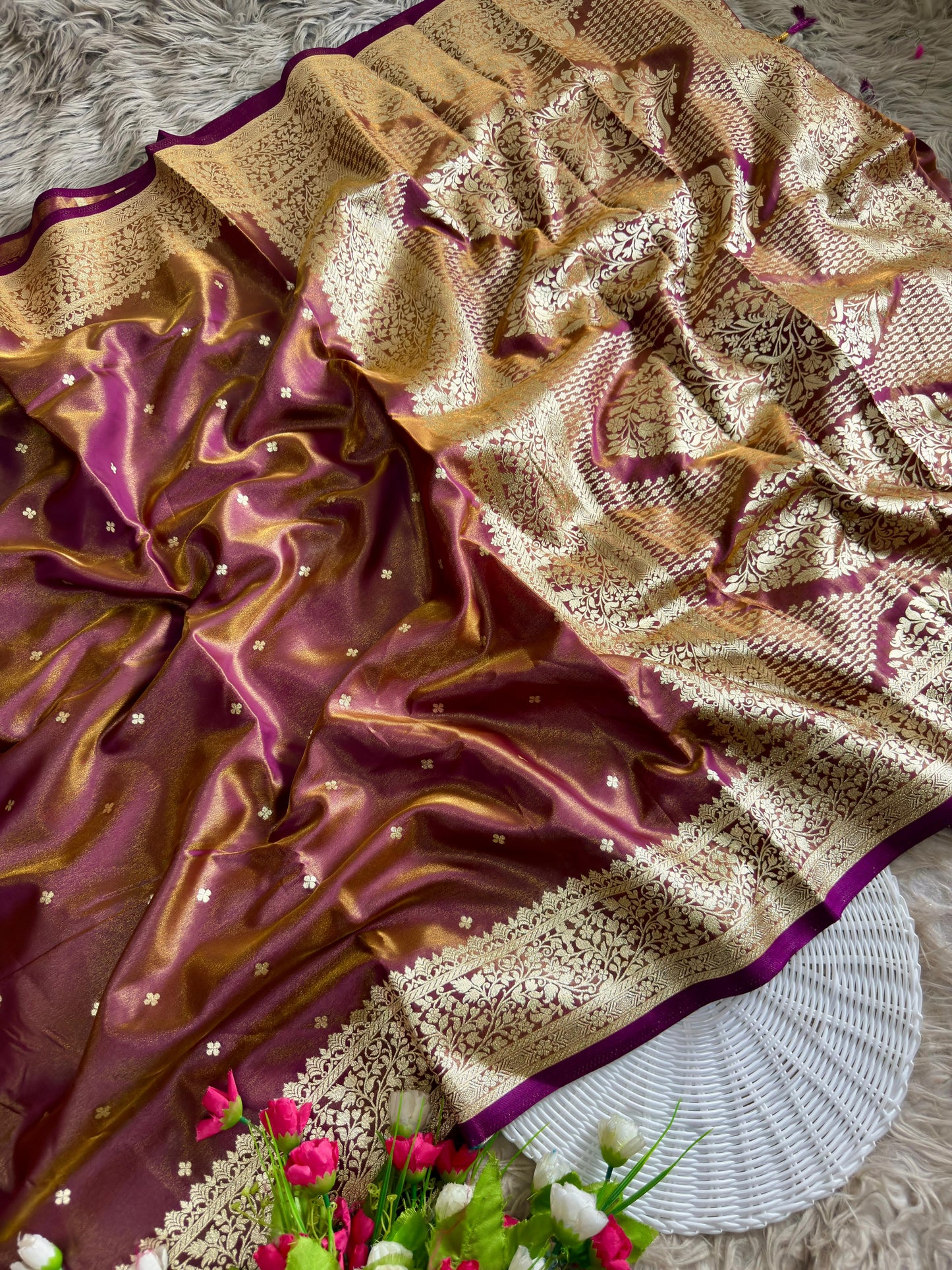 Royal Banarasi Glass Satin Silk Saree with Elegant Zari Woven Border