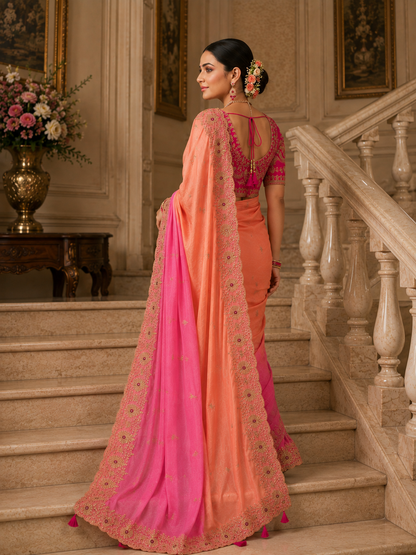 Soft Space Silk Shaded Saree with Hand Mina, Sequins & Zari Embroidery | Full Stitch Blouse