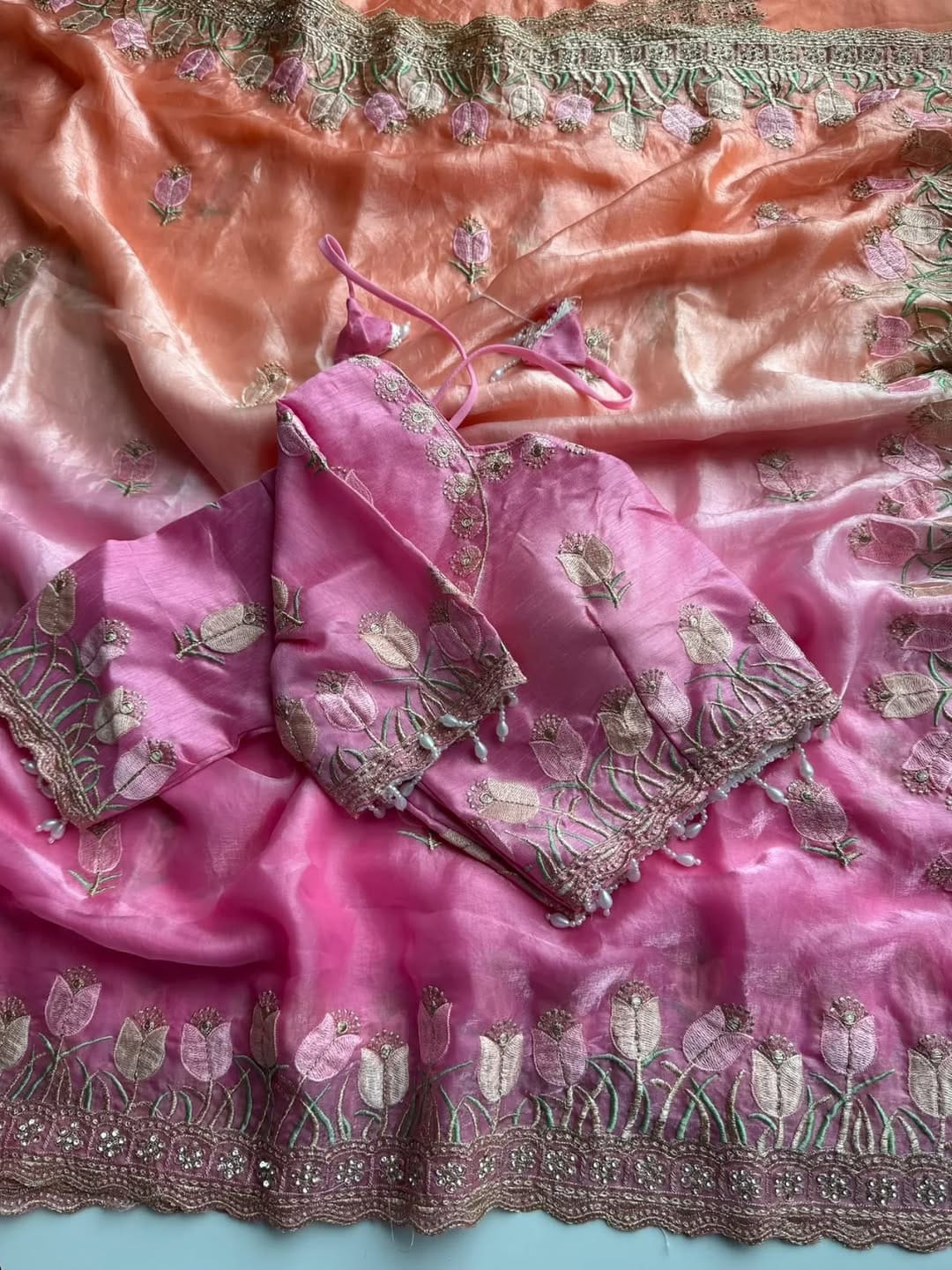 Lotus Soft Fendy Satin Saree With Embroidery Sequence & Thread Work Border