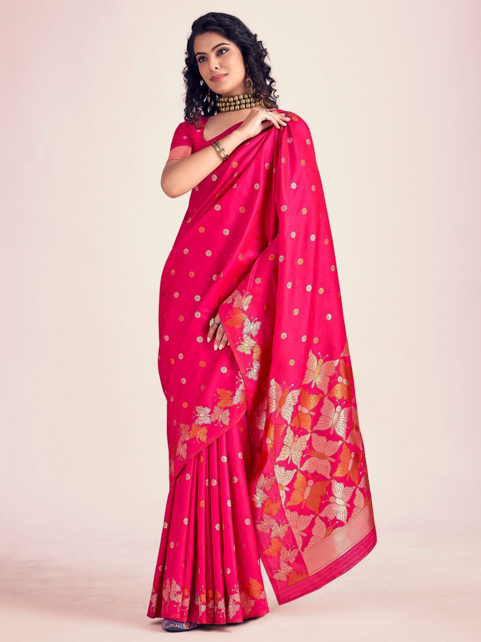 Rani Pink Butterfly Printed Silk Look Saree