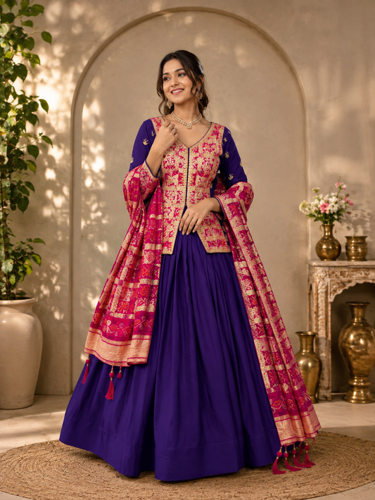 Festival Badhni Chinon Silk Lehenga Choli with Heavy Embroidery & Jacquard Dupatta