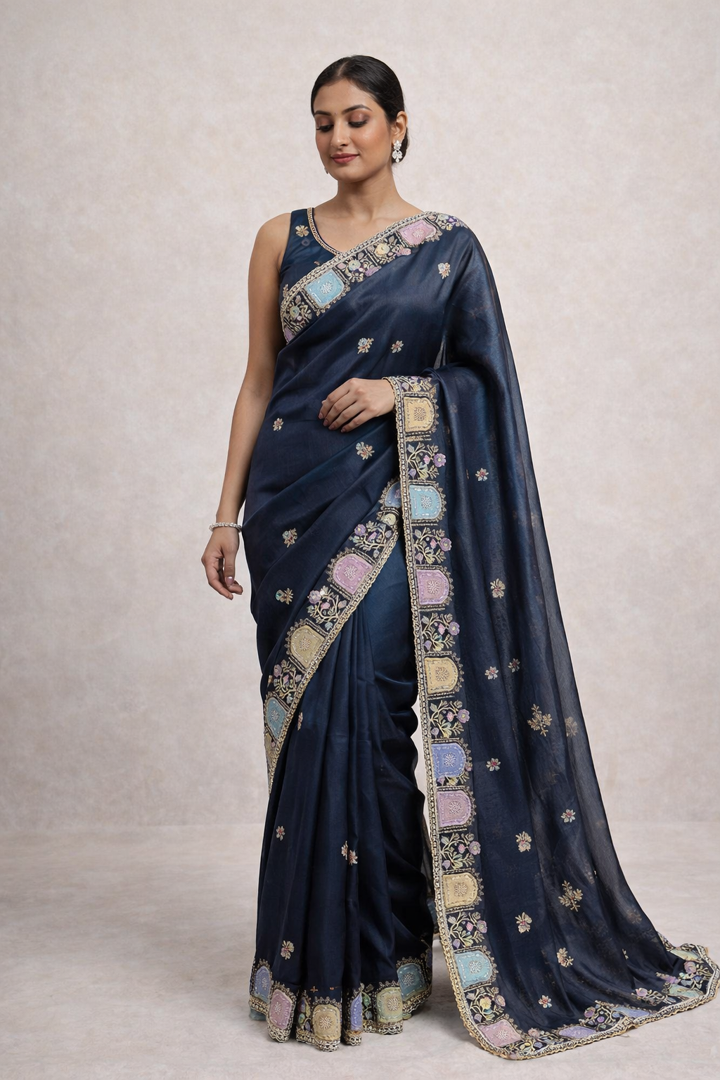 Star Satin Georgette Saree with Thread & Sequins Embroidery Border