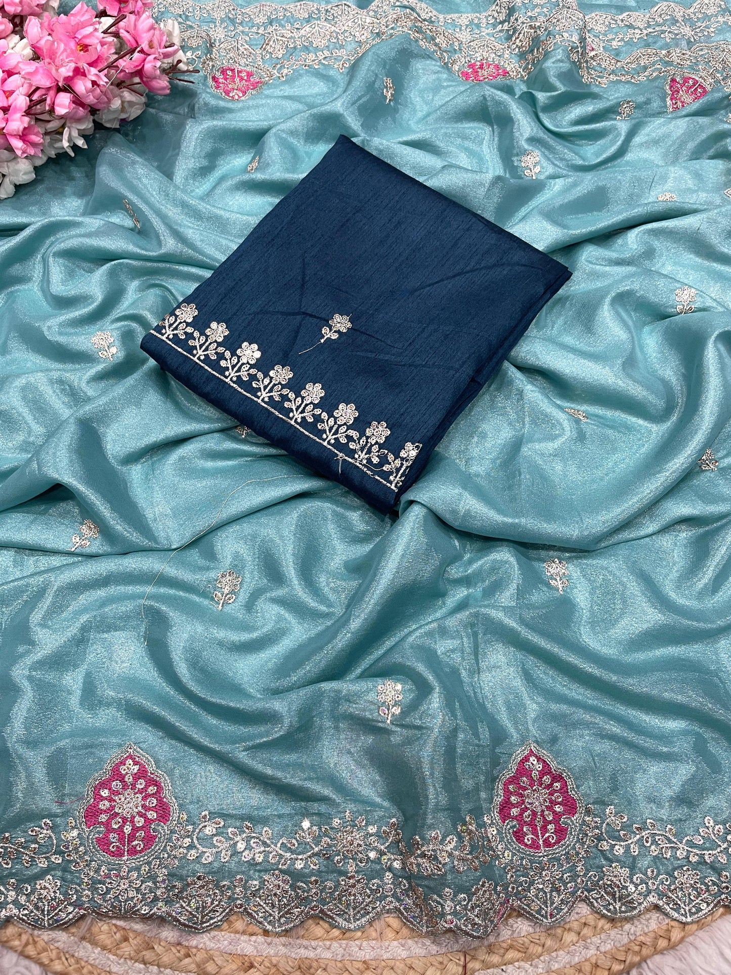 Blooming Chocolate Silk Embroidery Designer Saree With Unstitched Blouse