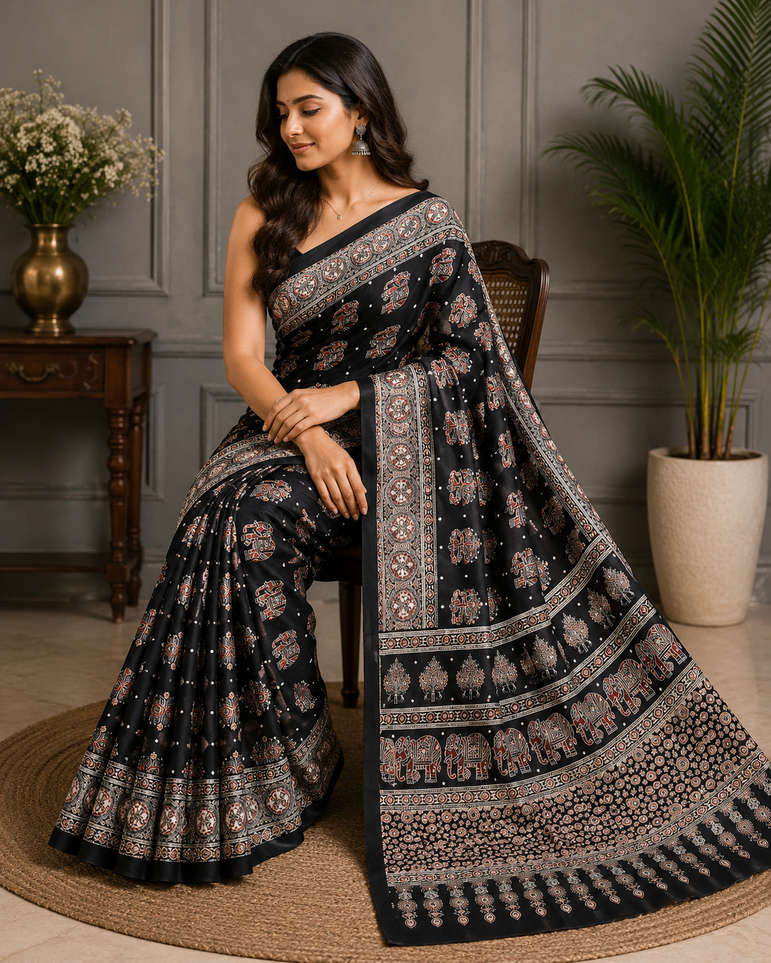 Elegant Ajrakh Pure Gajji Bandhej Soft Silk Saree With Mirror Work