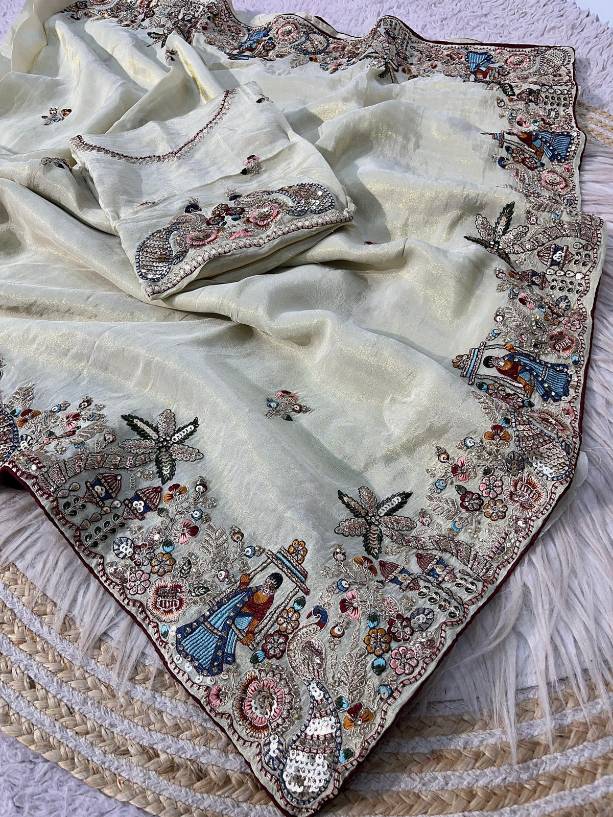 Premium Cosmos Silk Saree with Heavy Thread Embroidery, Zari & Sequin C-Pallu Work