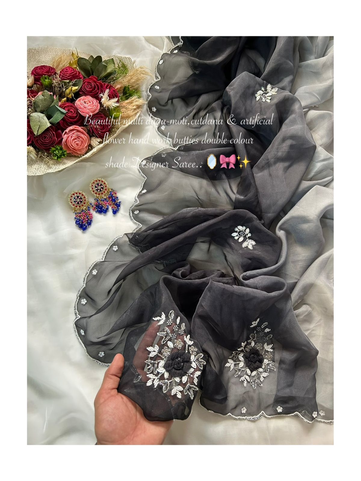 Vrinda Designer Organza Saree With Handwork Butties & Cutdana Border