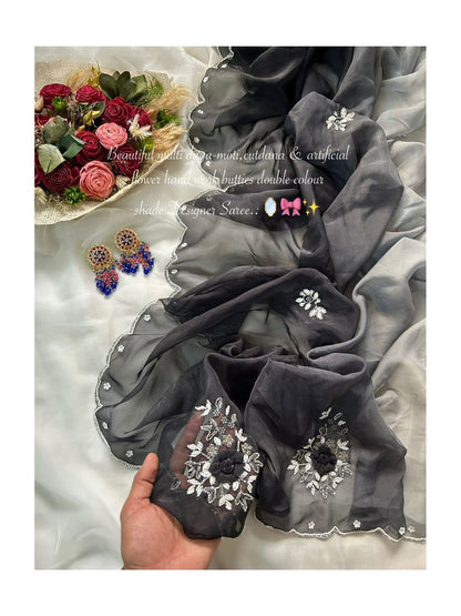 Vrinda Designer Organza Saree With Handwork Butties & Cutdana Border
