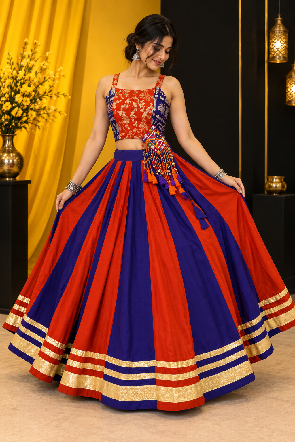 Navratri Special Pure Cotton Lehenga Choli with Gamathi Work | 6+ Meter Flair