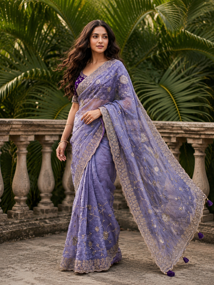 Adhya Fendy Chiffon Two Tone Saree with Embroidery, 3mm Sequence Jari Work & Fully Stitched Blouse | 6 Colors