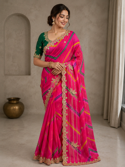 Premium Pink Organza Silk Saree with Heavy Embroidery & Mirror Work | Designer Party Wear Saree