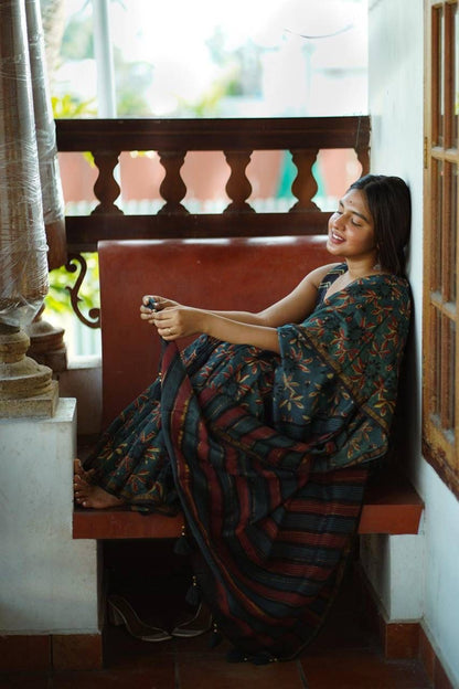 Pure Linen Chanderi Saree with Kalamkari Print & Zari Border
