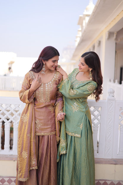 Premium Designer Fendi Crush Top Sharara Dupatta Set with Zari & Sequins Work – Mehendi Green & Copper Brown