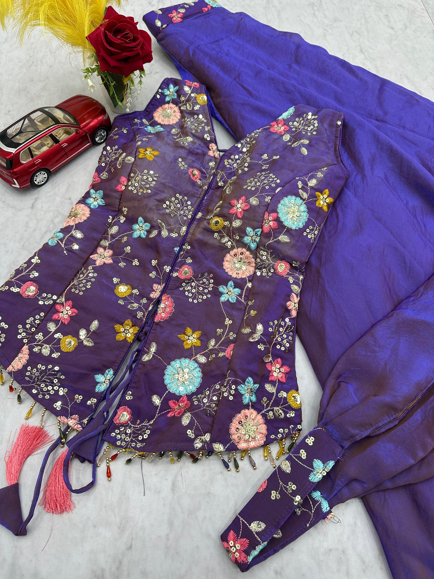 Purple Tissue Embroidery Palazzo Set with Dupatta