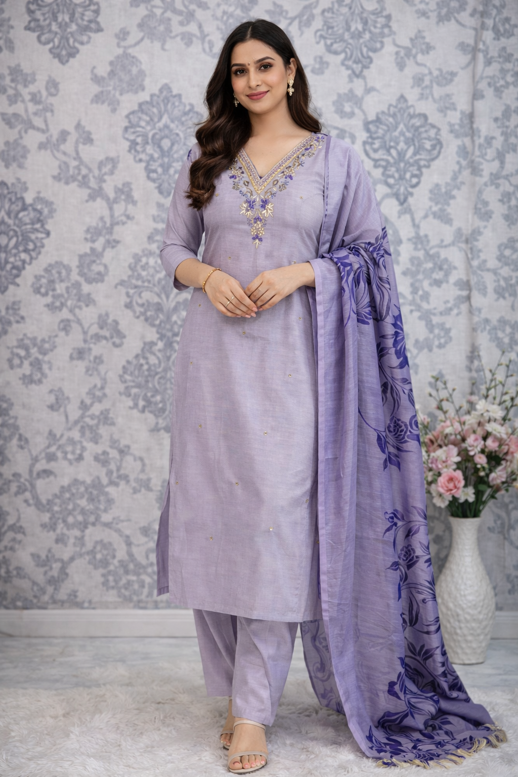Premium Roman Silk Kurti Pant Dupatta Set with Hand Work