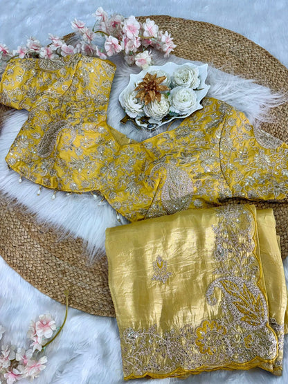 Elegant Crystal Crush Tissue Saree – Designer Embroidered Party Wear