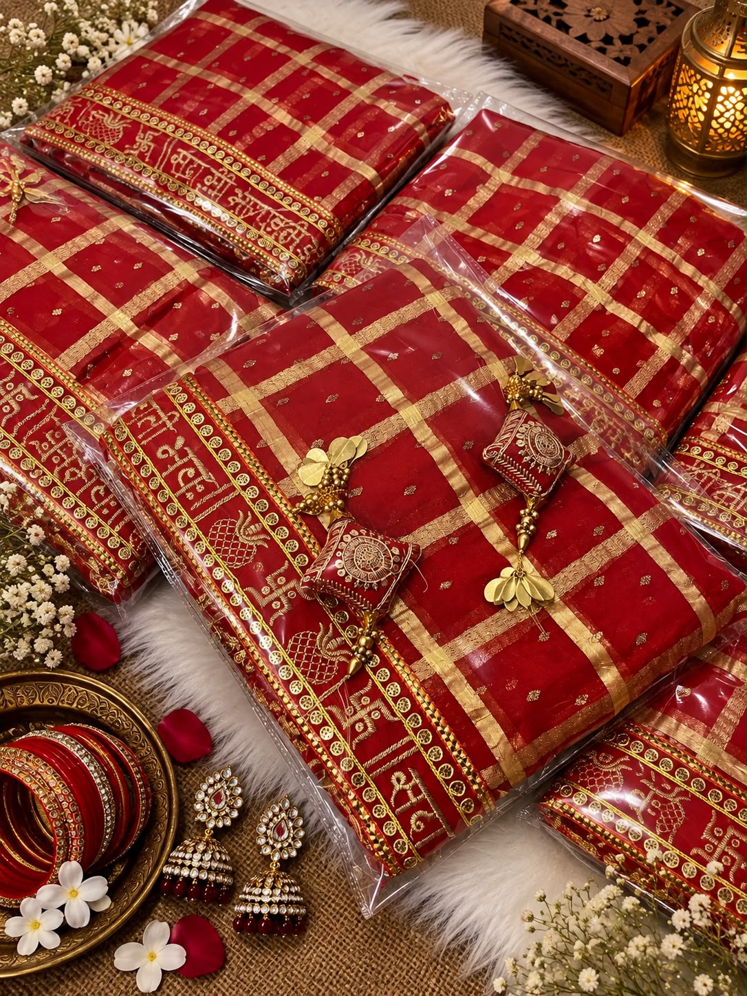 सदा सौभाग्यवती भव Viscose Saree with Checks, Foil Work & Designer Lace
