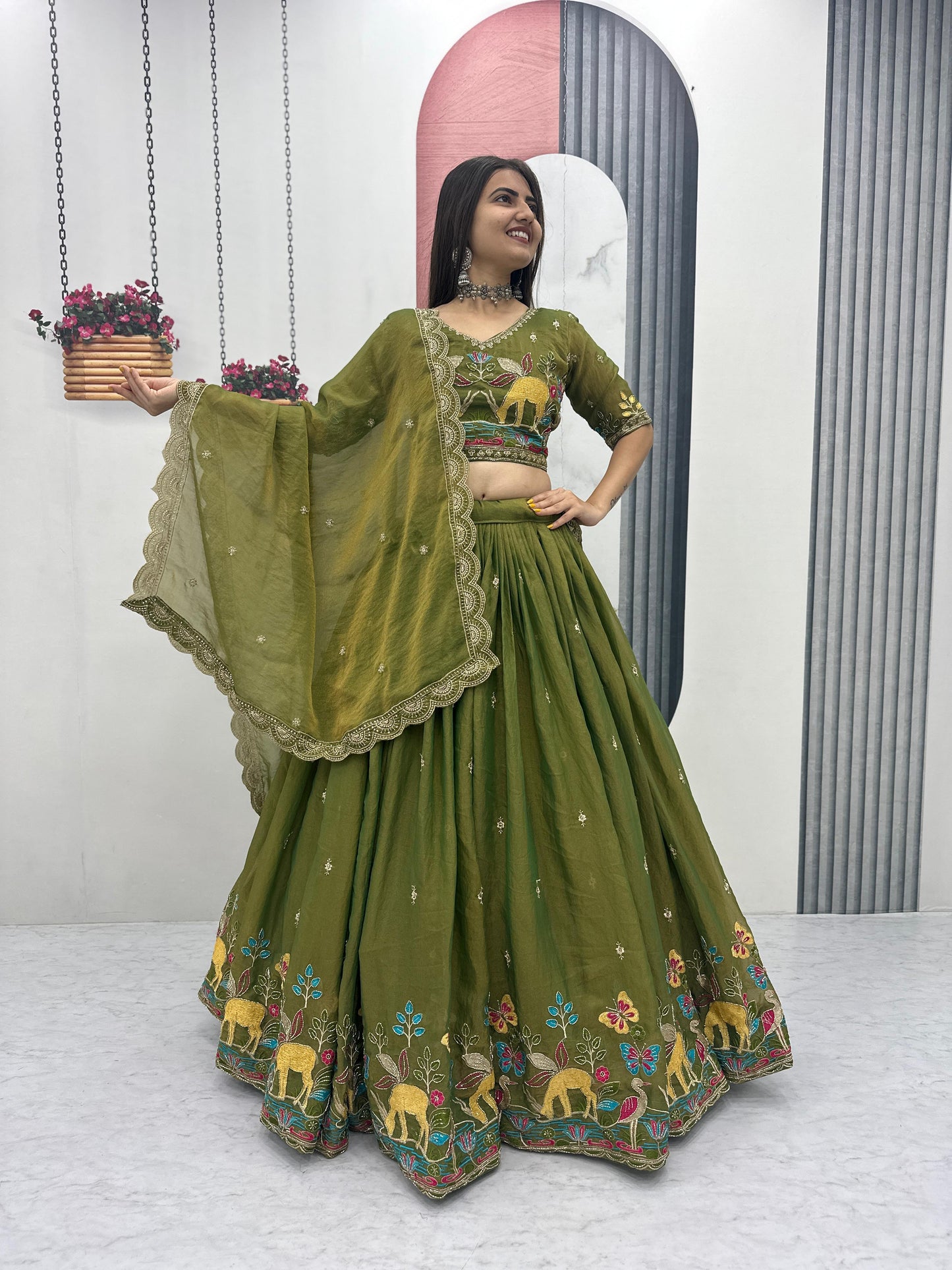 Festival Special Heavy Embroidered Moss Simar Lehenga Choli with Dupatta | Orange & Olive Green
