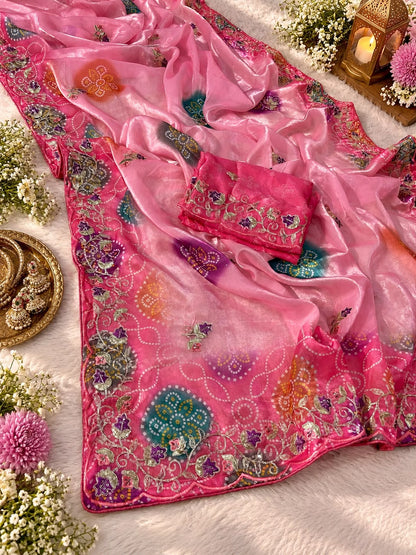 Soft Shine Space Silk Saree with Bandhej Print, C-Pallu Gotafoil Work & Butti