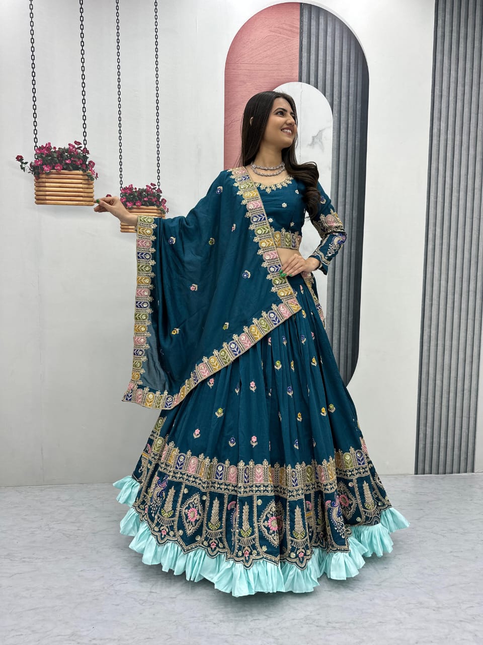 Designer Vichitra Silk Embroidered Lehenga Choli with Sequence Work Dupatta
