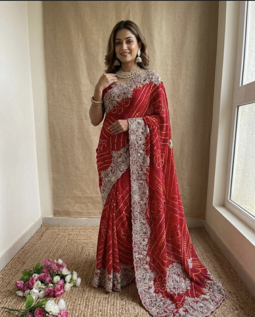 Bandhej Gota Patti Work Saree in Soft Georgette with Heavy Embroidery Border