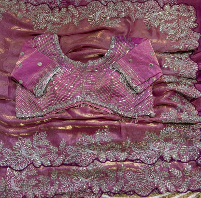 Soft Space Silk Satin Saree With Heavy Embroidery Sequence & Zari Work