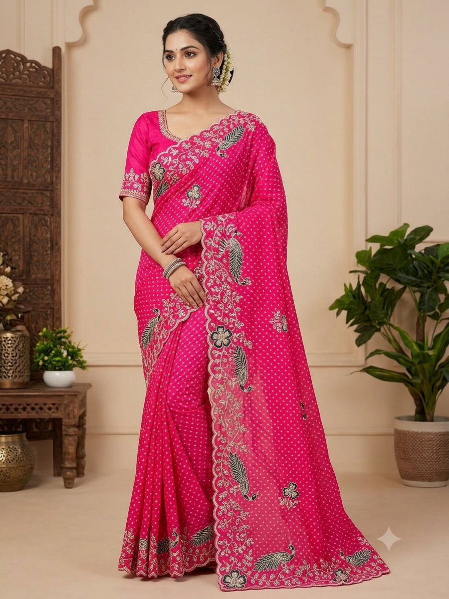 Georgette Muthda Saree with Peacock Thread Work & Cut Work