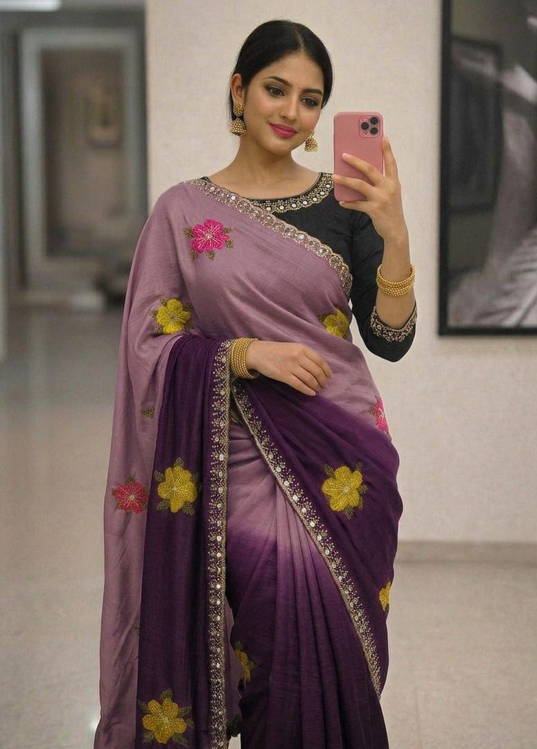 Soft Chinon Dual Shade Silk Saree with Embroidery & Mirror Work