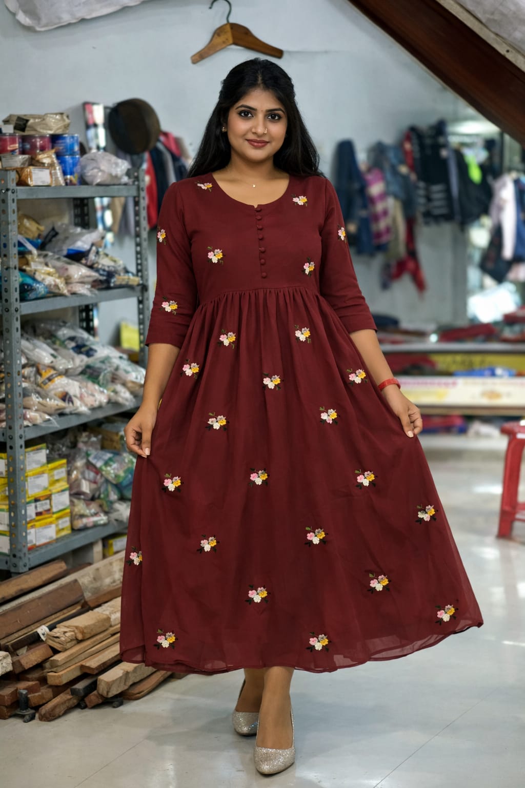 Women’s Multi Embroidery Butti Fox Georgette Silk Frock Dress (M to XXL)