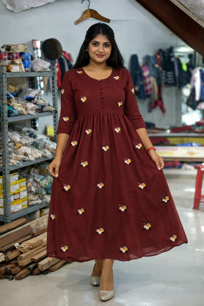 Women’s Multi Embroidery Butti Fox Georgette Silk Frock Dress (M to XXL)