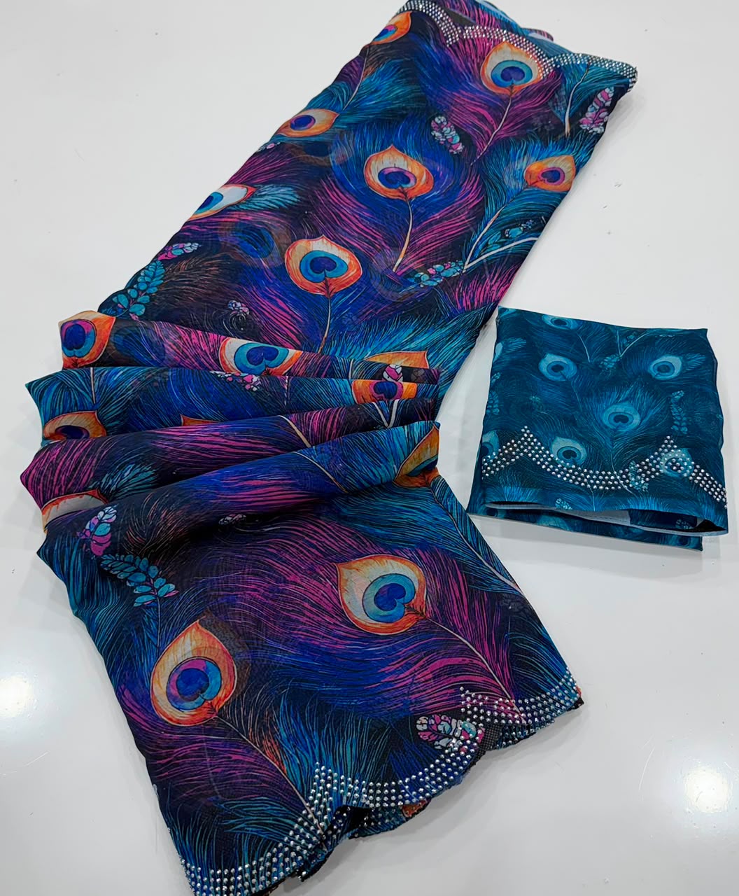 Soft Georgette Mosaic Digital Print Saree with Swarovski Scalloped Border