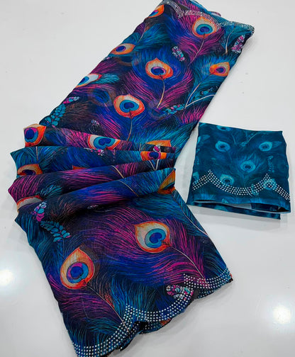 Soft Georgette Mosaic Digital Print Saree with Swarovski Scalloped Border