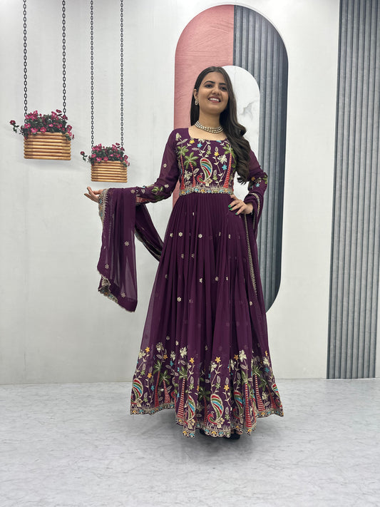 Embroidered Georgette Festive Gown with Dupatta