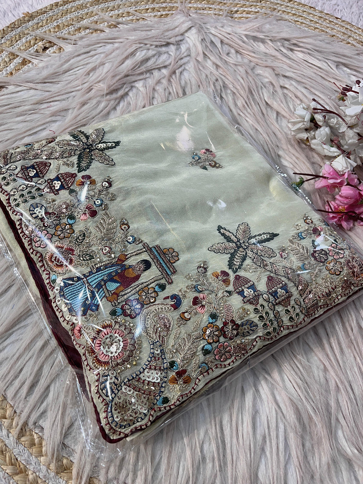 Premium Cosmos Silk Saree with Heavy Thread Embroidery, Zari & Sequin C-Pallu Work