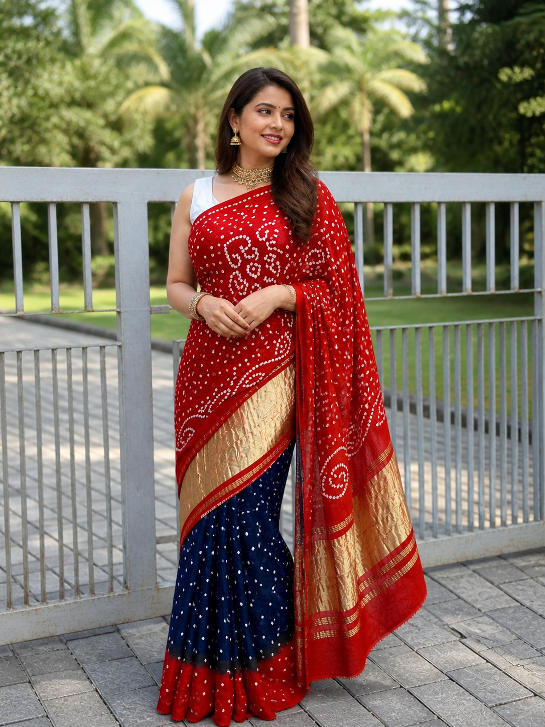 Pure Gaji Silk Bandhani Saree with Gota Patti Handwork | Traditional Lagadi Patta Design