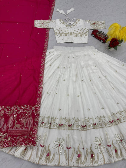 White Red Vichitra Silk Lehenga Choli