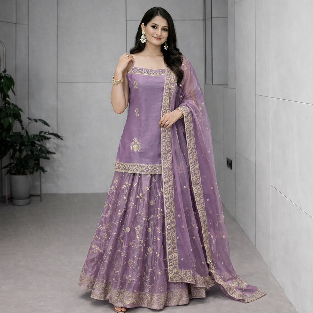 Women's Jimmy Choo Organza Embroidered Sharara Suit Set with Dupatta – Designer Party Wear