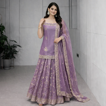 Women's Jimmy Choo Organza Embroidered Sharara Suit Set with Dupatta – Designer Party Wear