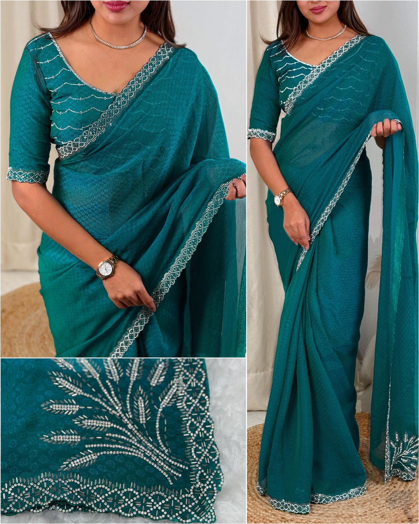 Pure Two Tone Fandy Satin Swarovski Work Partywear Saree with Jacquard Blouse