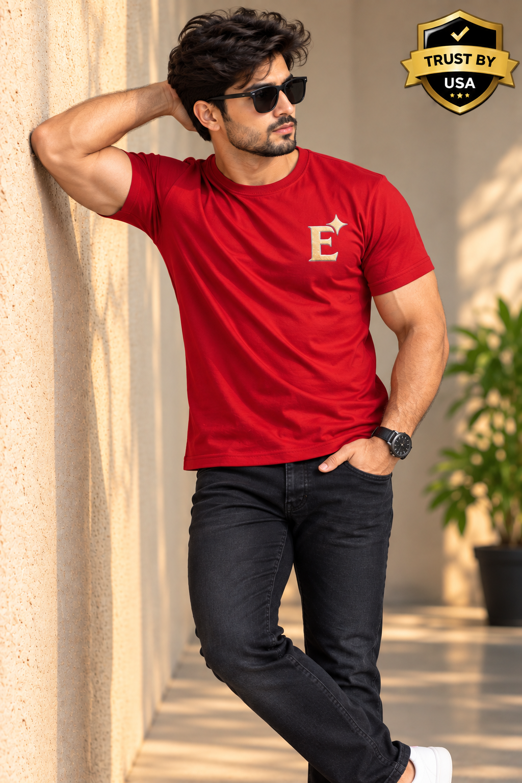 EcomSquire Premium 100% Pure Cotton Red T-Shirt with Golden Logo | Trusted by Customers Across the USA