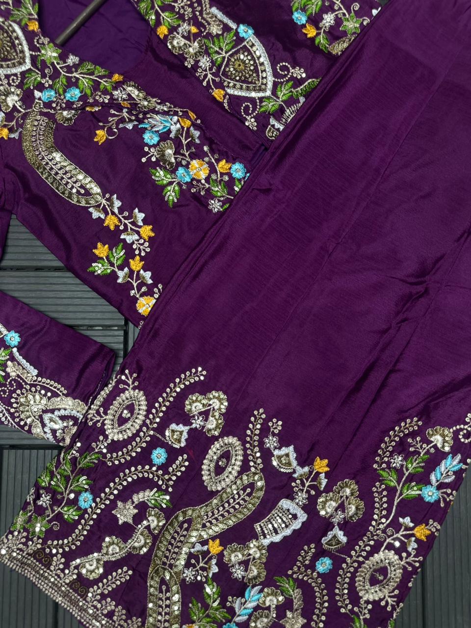 Designer Party Wear Embroidery Jacket Palazzo Set – Heavy Chinon 3 Piece Outfit