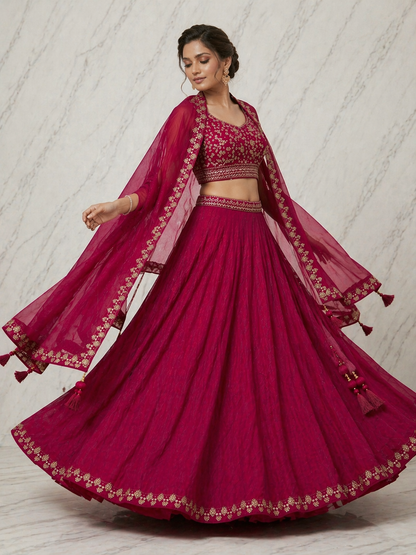 Wedding Special Vichitra Silk Lehenga Choli with Heavy Embroidery & Shrug Style Dupatta