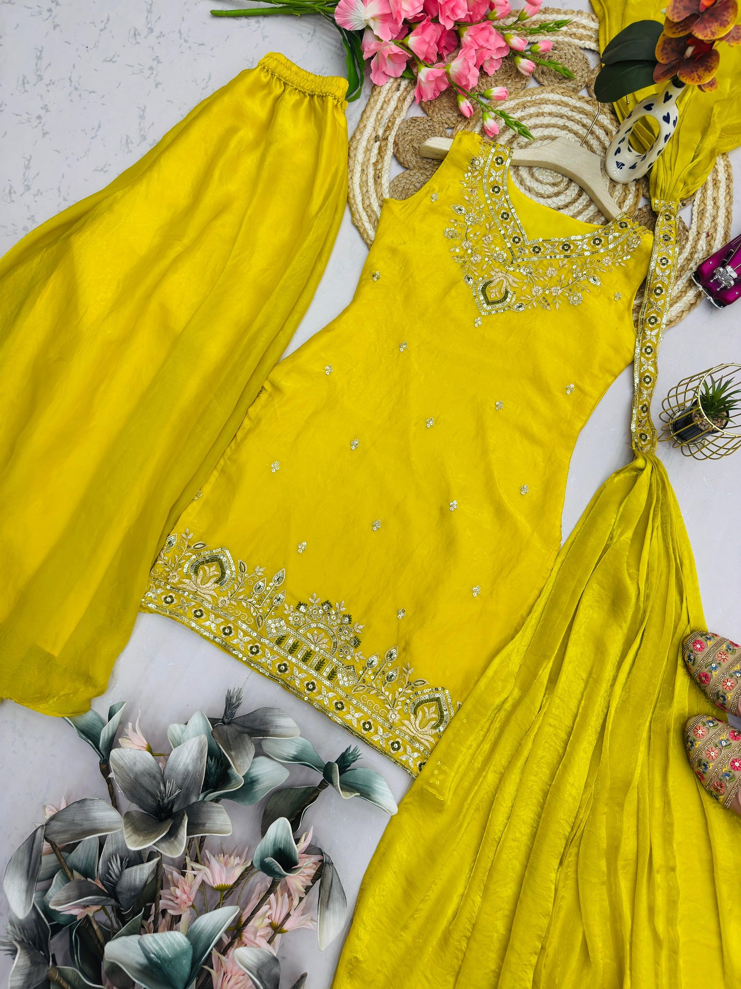 Heavy Two Tone Fendy Silk Sharara Suit With Embroidery Sequins Work & Dupatta