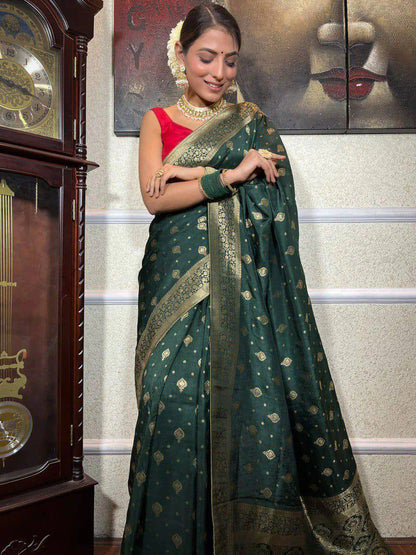 Dark Green Zari Work Silk Saree