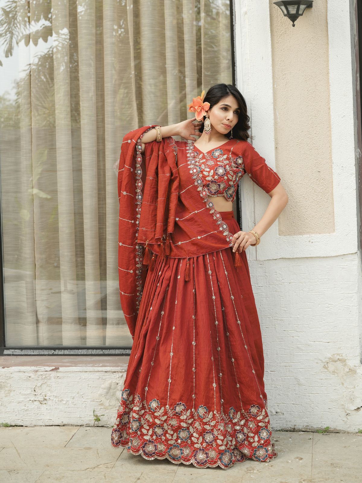 Designer Rust Orange Embroidery Lehenga Set