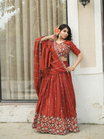 Designer Rust Orange Embroidery Lehenga Set