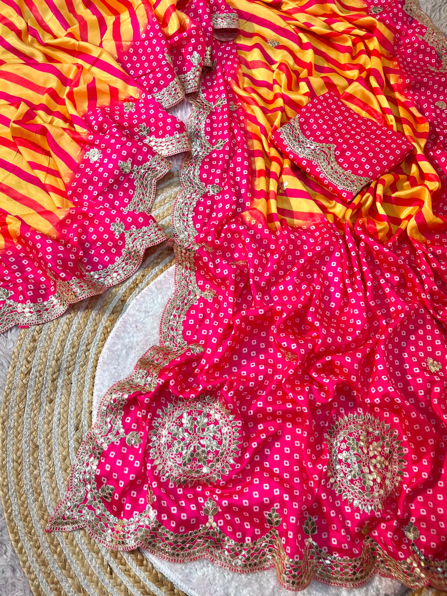 Chinon Digital Leheriya Saree with Heavy Gota Foil Work & Rich Pallu