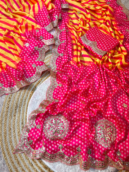 Chinon Digital Leheriya Saree with Heavy Gota Foil Work & Rich Pallu